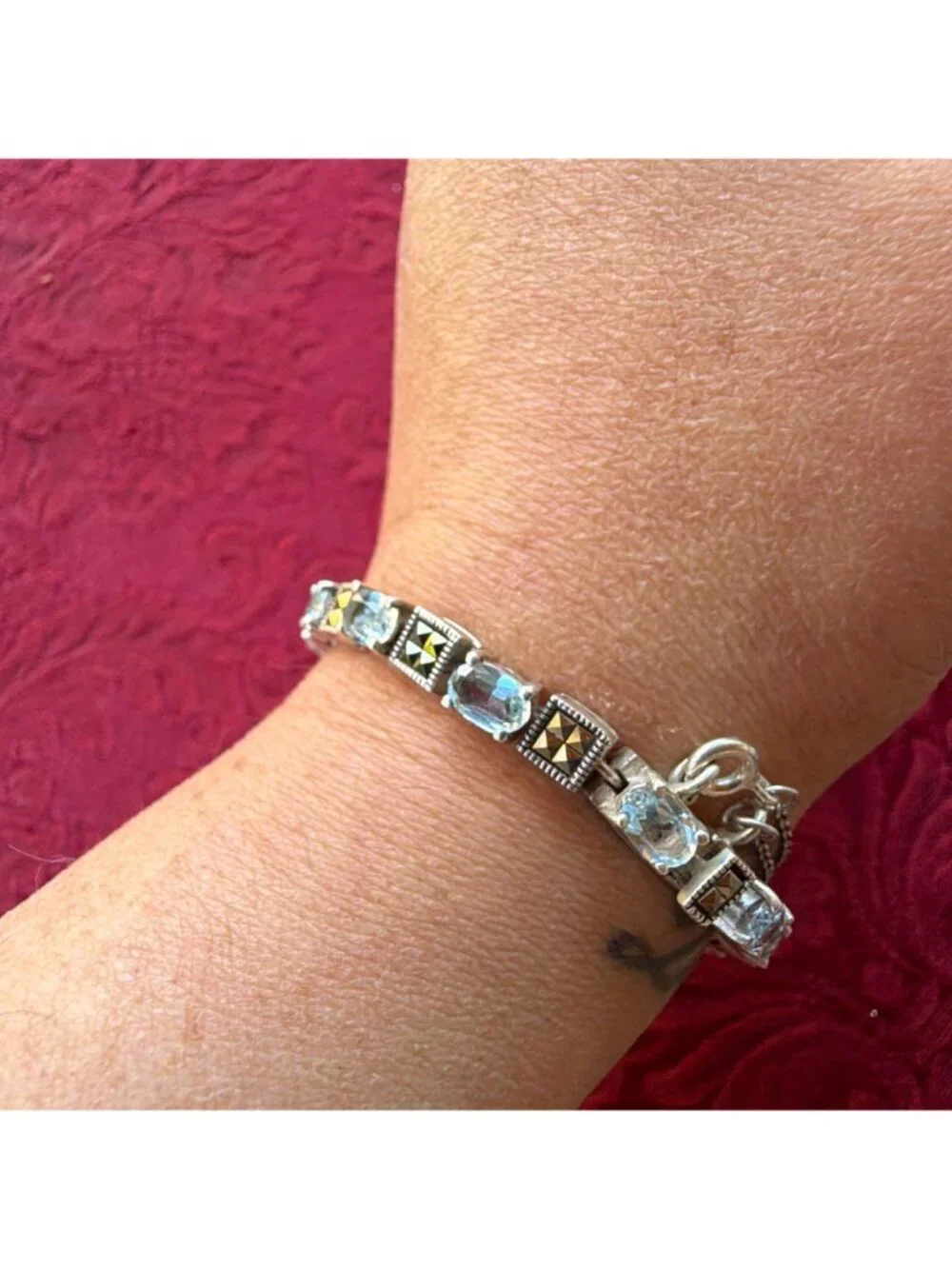 Vintage Sterling Silver 925 Blue Topaz Marcasite Tennis Bracelet 8